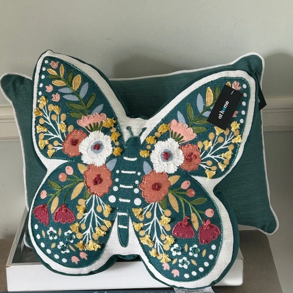 Floral Embroidered Accent Pillow Butterfly Shape 15 x 16 x 4 New With Tags Teal